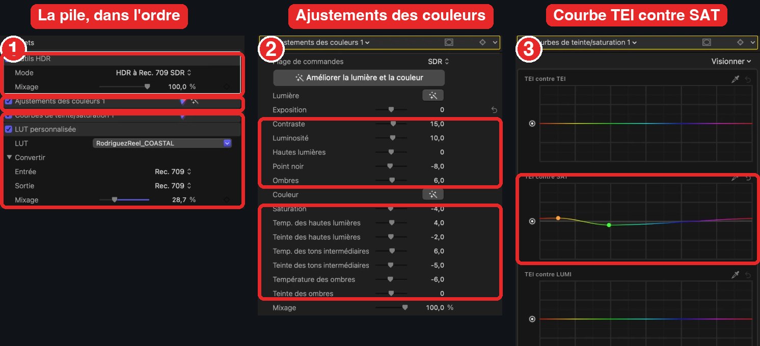La pile couleur dans Final Cut Pro : Outils HDR, Ajustements des couleurs, Courbes teinte/saturation, LUT personnalisée